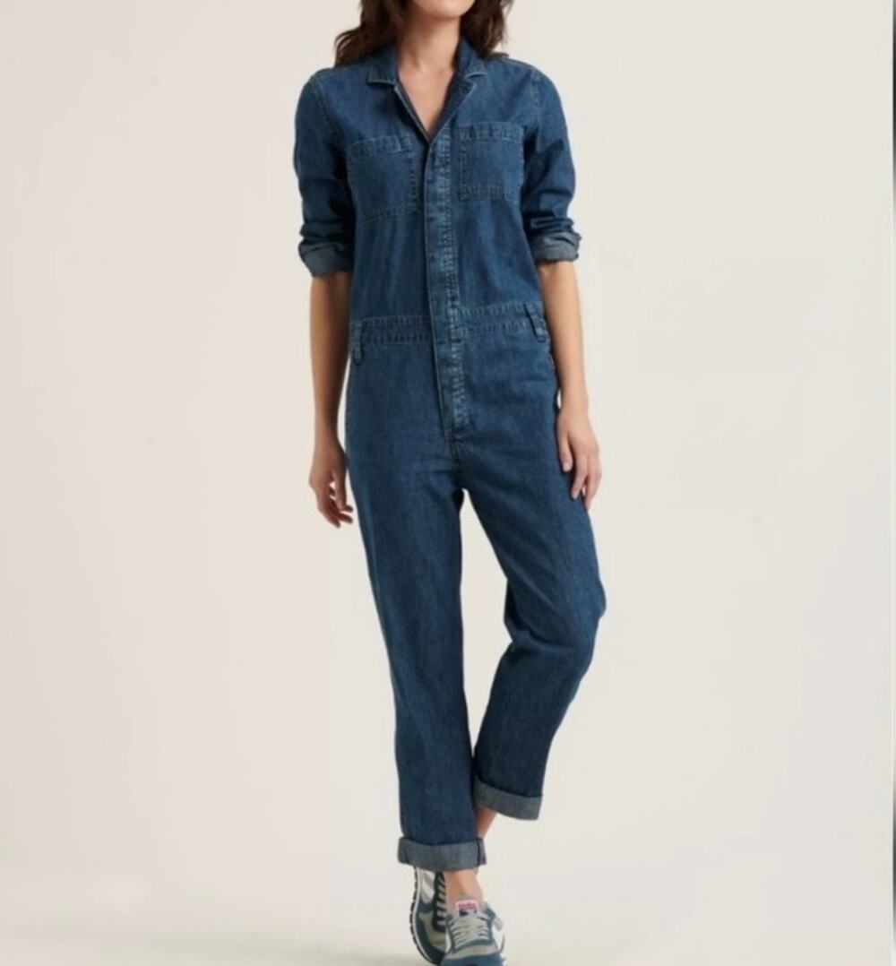 Lucky Brand Sz L Boiler Suit Long Sleeve Straight Leg Denim Jumpsuit Utility